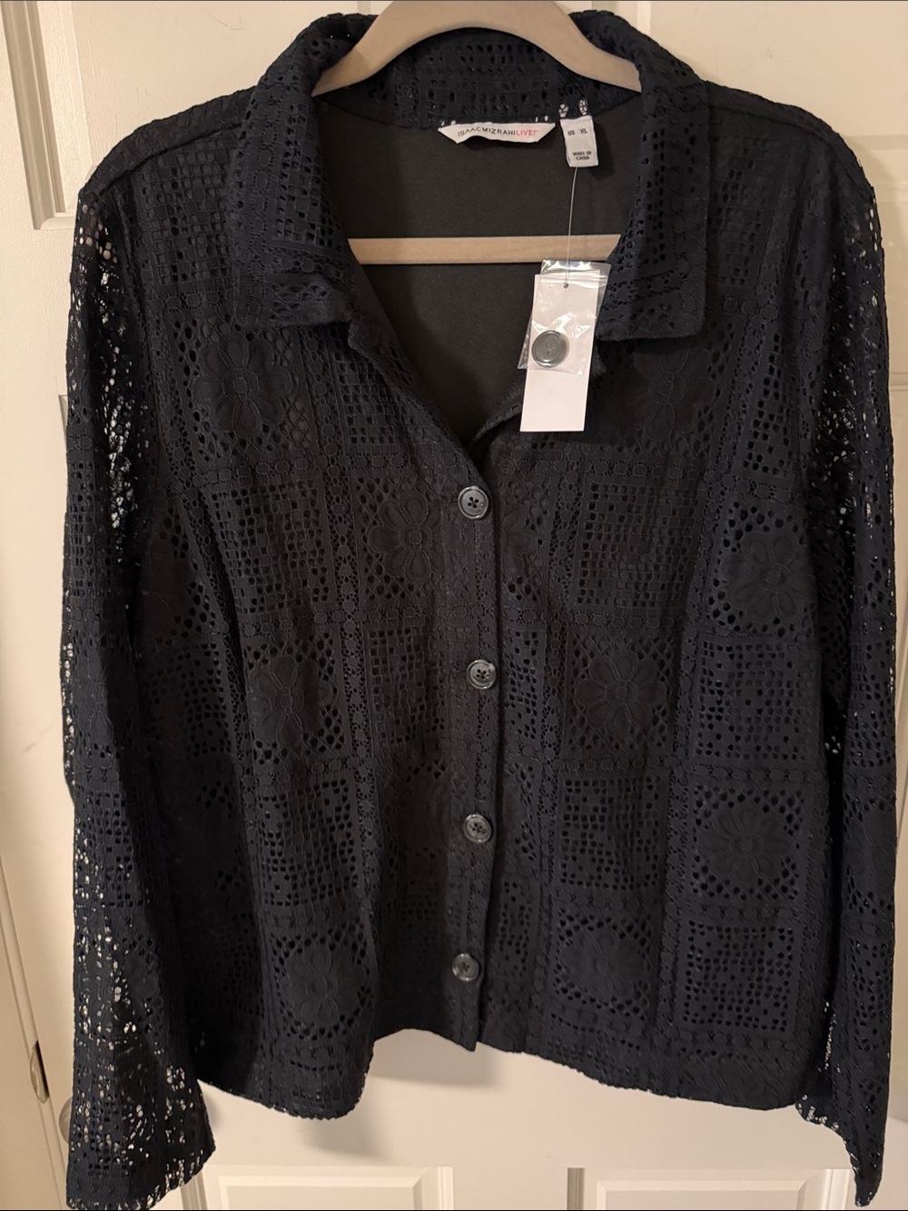 NWT Isaac Mizrahi Black Lace Button-Down Shirt Jacket Layering Size XL